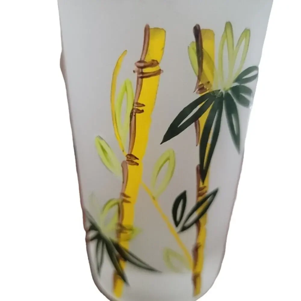 MCM Frosted Glassware Set‎ of 5 8 oz Tropical Bamboo Theme Green Yellow